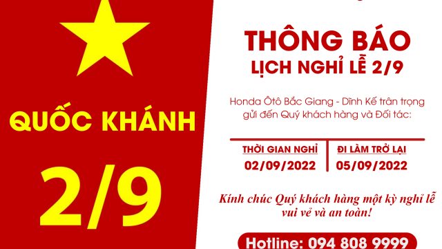 📣 THÔNG BÁO LỊCH NGHỈ LỄ QUỐC KHÁNH 2/9 NĂM 2022 📣