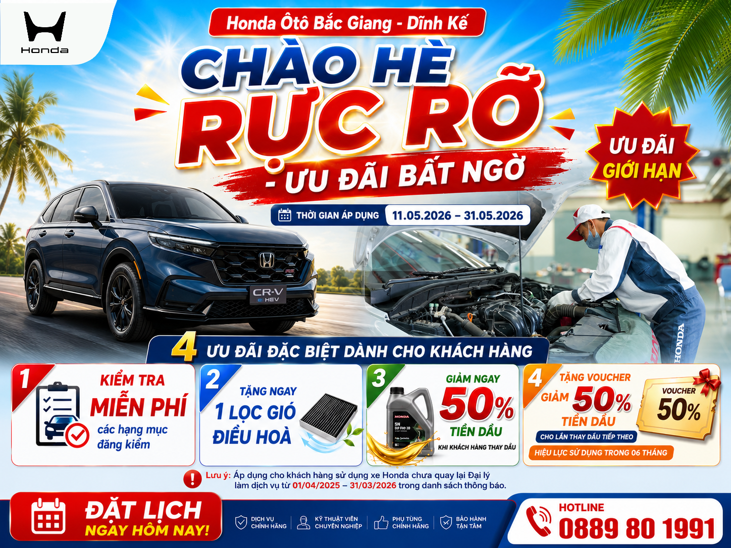 CHÀO HÈ RỰC RỠ - ƯU ĐÃI BẤT NGỜ | Khuyến mại dịch vụ | Honda Ôtô Bắc Giang - Dĩnh Kế