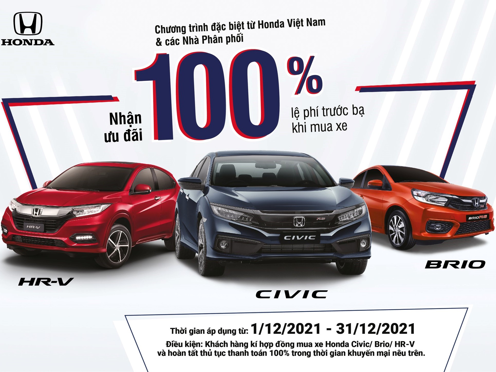 Hỗ trợ 100% lệ phí trước bạ cho khách hàng mua xe Honda Civic, Honda HR-V và Honda Brio trong tháng 12 năm 2021